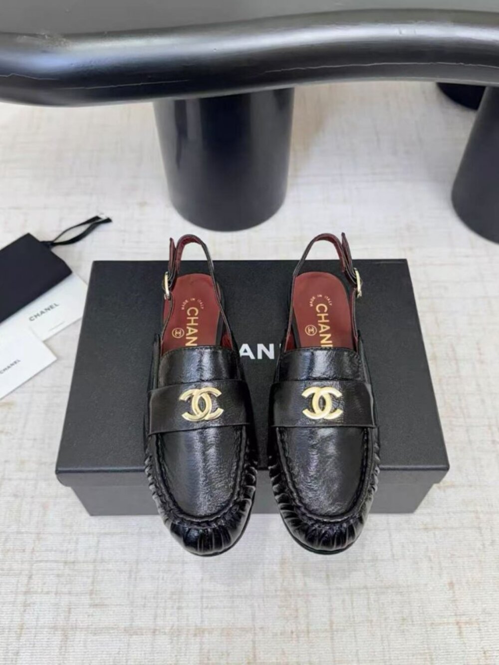 CHANEL Black Crinkled Leather Slingback Loafers